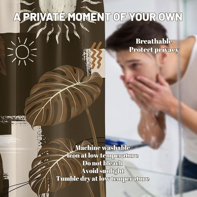 Dark Brown Mid Century Modern Shower Curtain Boho Abstract Khaki Earth Tone Shower Curtains for Bathroom Decor Sets, Waterproof Cloth Fabric with Hooks, 108 x 72 Inch
