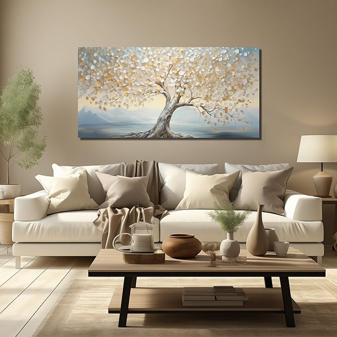 JuhaiArt Tree Canvas Art White Wall Decorations Light Blue Wall Picture for Living Room Bedroom Home Office Gold Artwork Art 24" x 48"