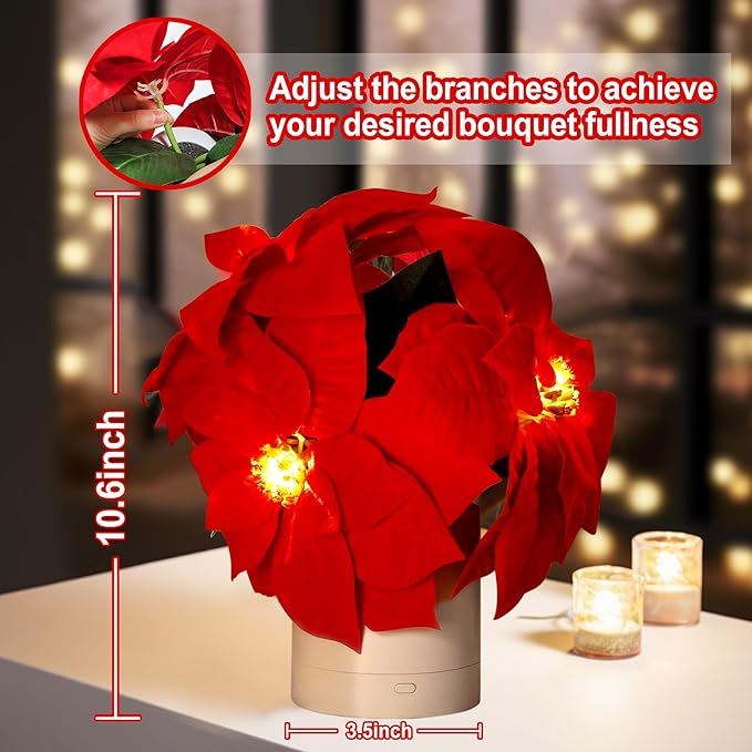 WSYEAR Red Poinsettias Artificial Christmas Flowers Lamp - Holiday Decorations and Ornaments for Xmas, New Year, Wedding Party, Seasonal Decor