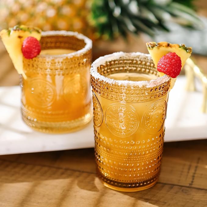 Hobnail Beaded Floral Amber Drinking Glasses Set of 6, (13 oz) Vintage Glassware Set by Kate Aspen| Cocktail Glass Set, Juice Glass, Water Cups | Great Hostess Gift & Gift for New Home Owners