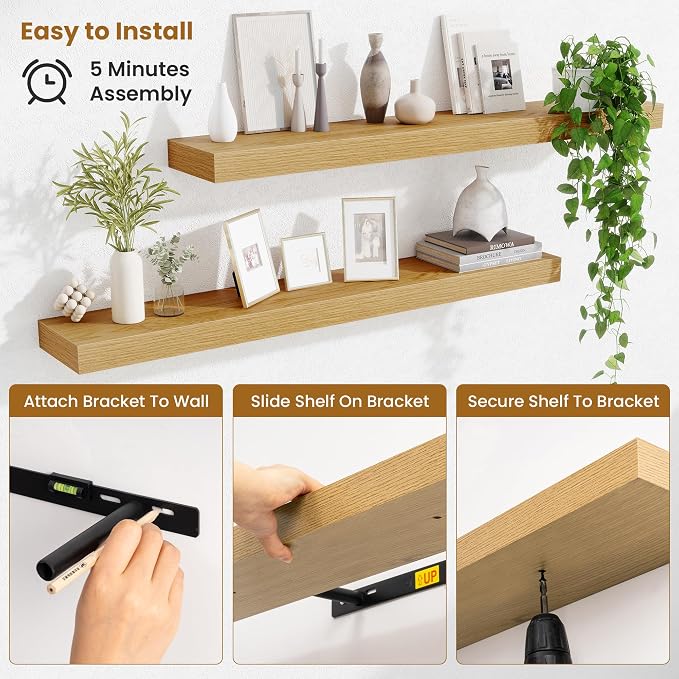 Fun Memories 40 Inch Floating Shelves, Long Wood Wall Shelf Set of 2 with Invisible Brackets, for Bathroom, Living Room, Bedroom, Kitchen, Oak