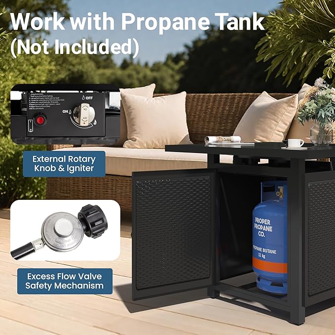 FansaFurn Black Propane Fire Pit Table, 50000 BTU Gas Fire Pits Table with Removable Lid and Lava Rock, Square Fire Table with Cover, 30'', Ideal for Dining or Party on Patio, Garden, Yard
