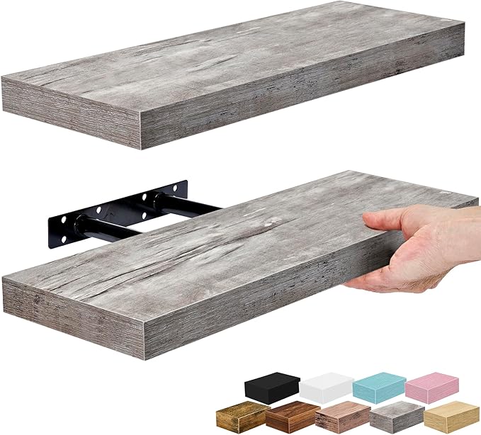 Sorbus Floating Shelves for Wall – 16 Inch Floating Shelf for Kitchen, Bedroom, Living Room, Bathroom, Home & Wall Decor - Mounted Bathroom Shelves with Invisible Brackets (Grey, 2 Pack)