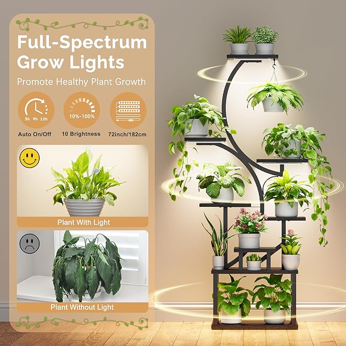 Plant Stand with Grow Lights for Indoor Plants, 8-Tiered Tall Corner Plant Shelf with Full Spectrum Light, S-Shaped Space-Saving Narrow Flower Holder, Anti-Tip for Living Room Bedroom Office, Black