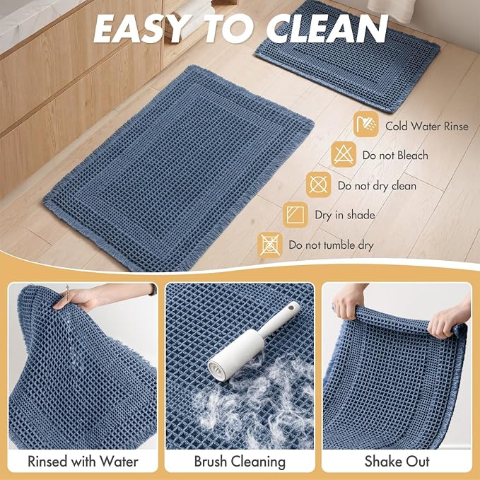 MIULEE Set of 2 Waffle Bathroom Rugs, Boho Bath Rug Super Absorbent, Non Slip Washable Ultra Soft Rubber Backed Shower Bath Mats for Floor, Tub, Shower, Looped Design, Blue, 17"x24"+18"x30"