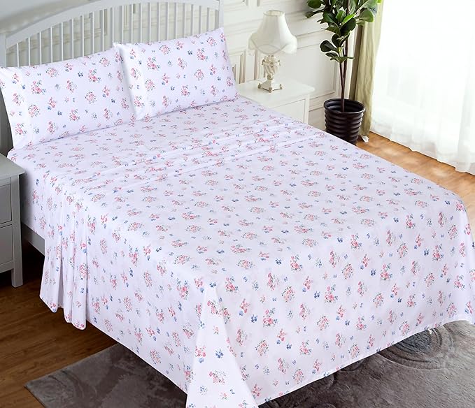 RUVANTI 100% Cotton King Size Sheets Set, 4 Pieces, Soft & Breathable Percale Weave Bedding, Deep Pocket 16", Hotel Standard, Crisp Cool Feel, Durable, Perfect Floral Bed Sheet, Funa Flora