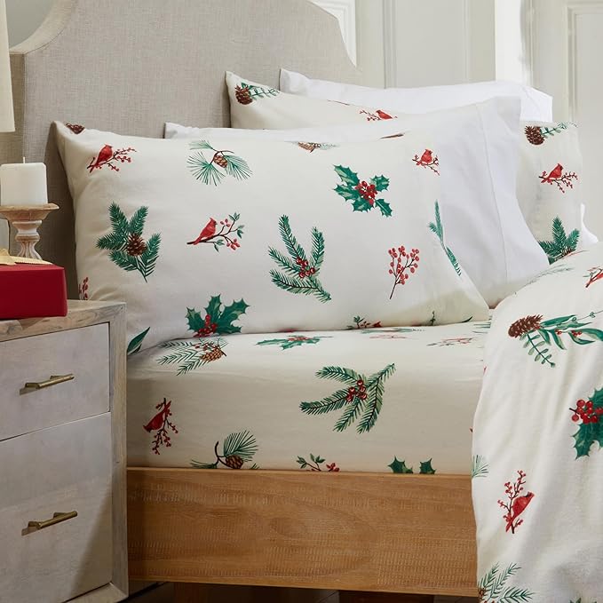 Market & Place 100% Cotton Full Flannel Sheet Set | 4 Piece Deep Pocket Novelty Cozy Winter Bed Sheets | Double Brushed for Extra Softness & Comfort | Alpine Collection (Full, Cardinal & Pine)
