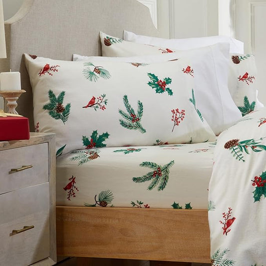 Market & Place 100% Cotton Queen Flannel Sheet Set | 4 Piece Deep Pocket Novelty Cozy Winter Bed Sheets | Double Brushed for Extra Softness & Comfort | Alpine Collection (Queen, Cardinal & Pine)