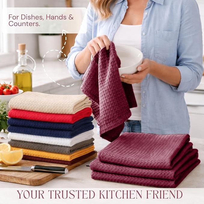 Burgundy Kitchen Towels – Waffle Weave, 100% Cotton, Soft & Absorbent, Fast Dry, Durable, 16x26 Inches, Perfect for Dish Drying, Bar, Cleaning, Hand Wipe and Everyday Use, Set of 4