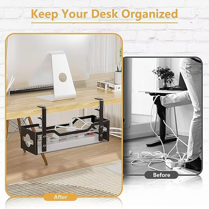 2 Pack Under Desk Cable Management Tray, 13.38" Cable Organizer No Drill, Quszmd Standing Cord Organizer and Wire Management - Black