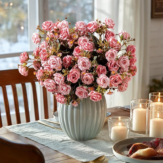 Artificial Rose Flowers for Outdoor 4 Bundles Rose Bouquet with Daisy Faux Flowers UV Resistant for Home Indoor Outside Garden Porch Window Box Balcony Yard Porch Fall Decor (Pink)
