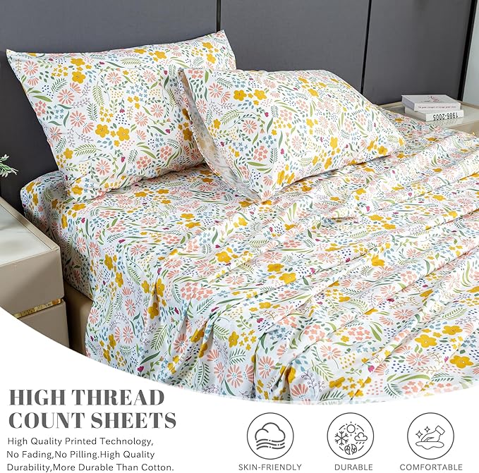 Bedlifes California King Sheet Set Ultra Soft, Breathable, Silky Flower Deep Pocket 100% Microfiber Bedding, 4 Piece Cal King Size Floral