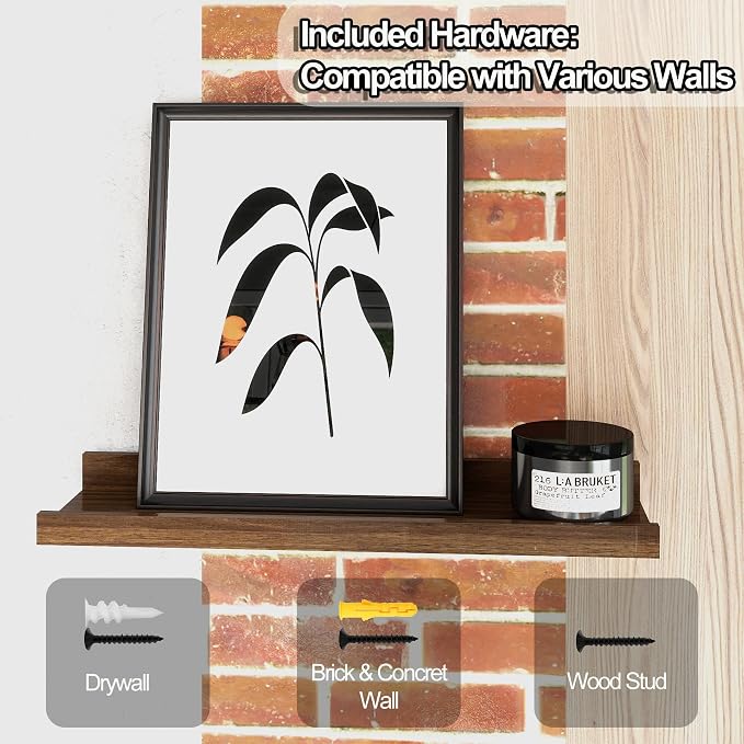 Small Floating Shelves for Wall Decor, Wall Mounted Wood Shelf for Bedroom, Living Room, Bathroom, Kitchen, Nursery, Display Ledge Shelf with Lip Set of 2-8 Inches, Walnut