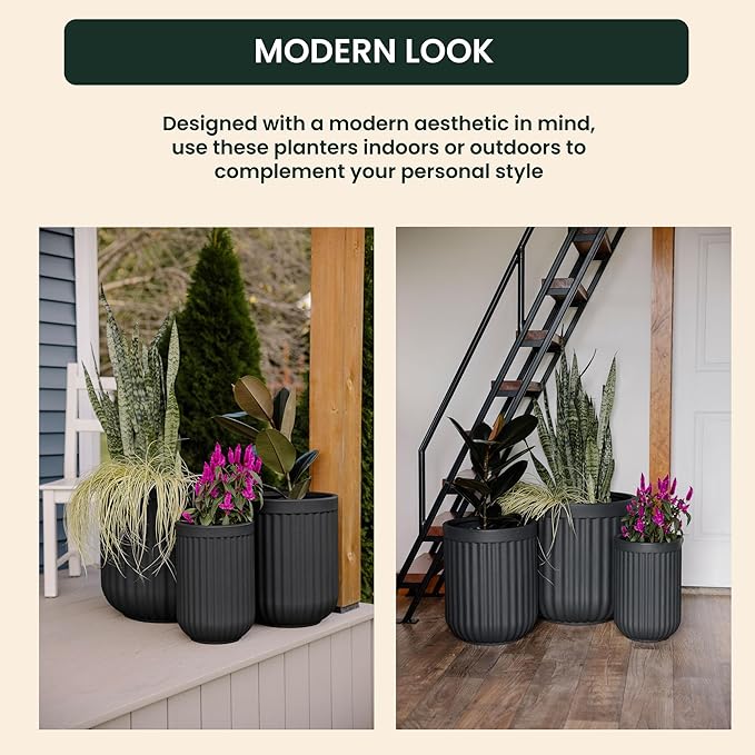 Beuta Large Planters for Outdoor Plants - Set of 3, 15/18/20 Inches Outdoor Planters for Porch - Tall Planter for Outdoor & Indoor Plants | Large Indoor Plant Pot - USA Made - Black