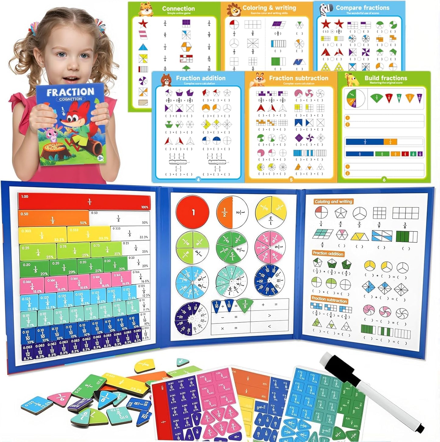 Skiennix Magnetic Fraction Demonstration Book - Educational Puzzle & Tiles for Montessori Math (3 Fold)