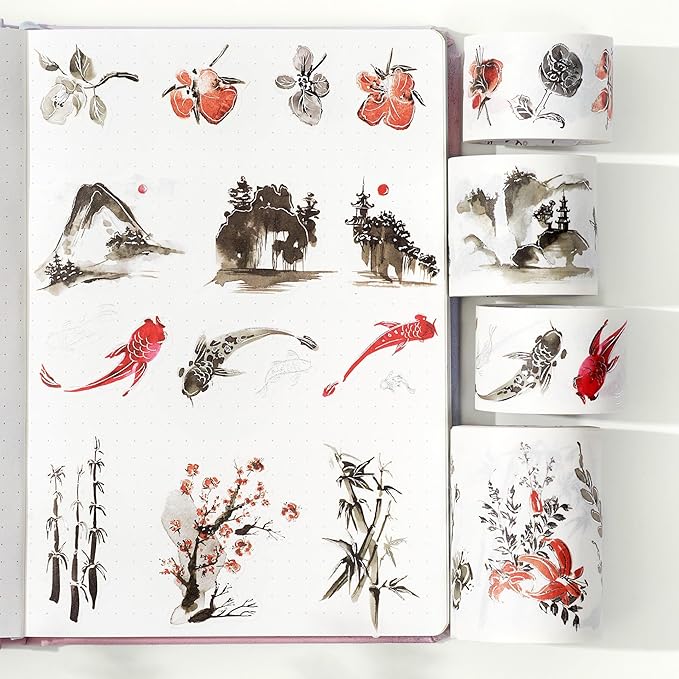 WT Ink Tranquility Washi Tape Sticker Set, 4 Rolls, Original Designs, Eastern Watercolor Koi Fish, Black & Red, Silver Foil Decorative Stickers for Bujo, Planner, Journals, DIY Crafts
