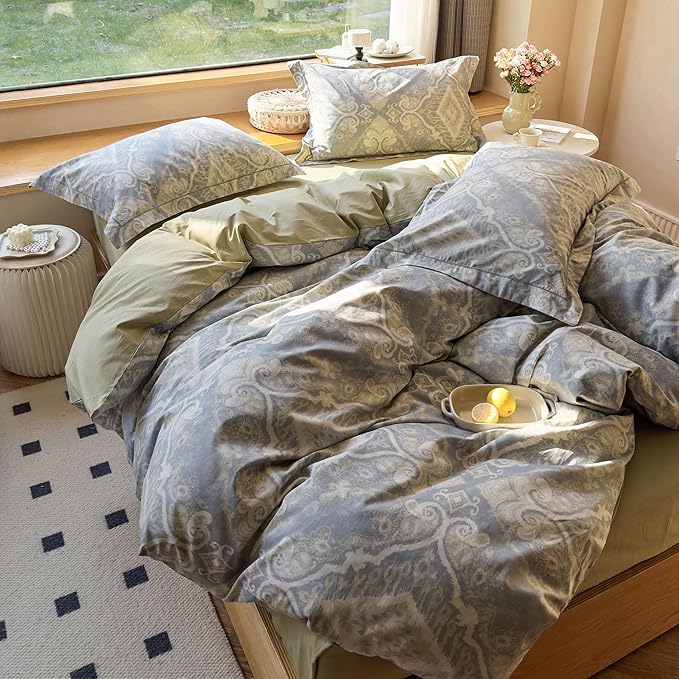 AOJIM Romantic Style Retro Pattern Duvet Cover Set for Kids Adults, Soft Comfy Cotton Comforter Cover Set 3pcs, 1 AB Sided Quilt Cover Full Size and 2 Matching Pillowcases for Room Decor, No Quilt