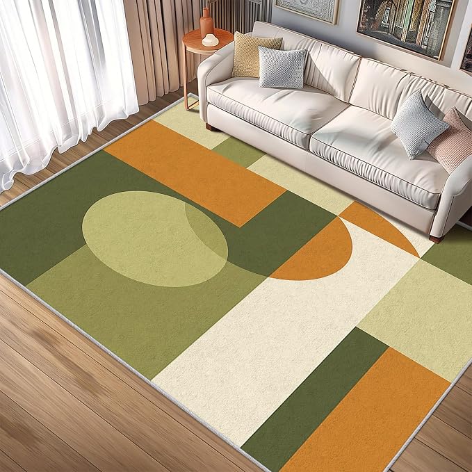 Mid Century Rug 7x8, Washable Modern Geometric Rugs for Living Room Bedroom, Minimalist Area Rug for Home Decor, Non Slip Backing Floor Carpet with Gripper - 7 x 8 ft