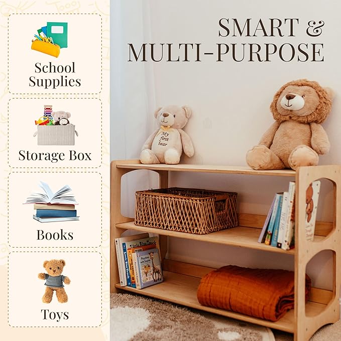 WOOD&ROOM Montessori Bookshelf for Toddlers - Wooden Book and Toy Shelf Organizer - Kids Bookshelf for Nursery, Classroom and Playroom - Front Facing Floor Bookcase for Kids, Childrens Room Storage