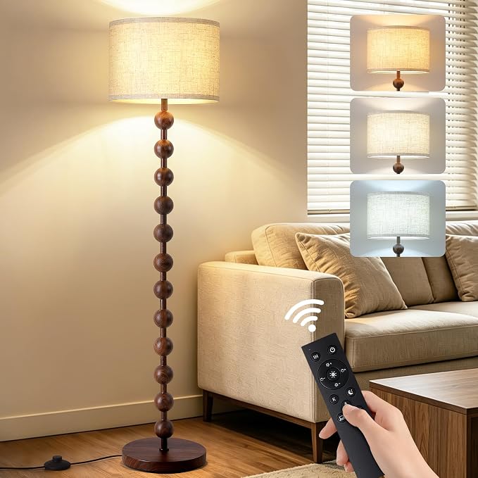62" Vintage Farmhouse Floor Lamp for Living Room,3 Color Temperatures & Dimmable,Rustic Standing Lamp with Remote & Foot Switch,Retro Wood Grain Tall Floor Lamp for Bedroom Office Corner(Walnut)