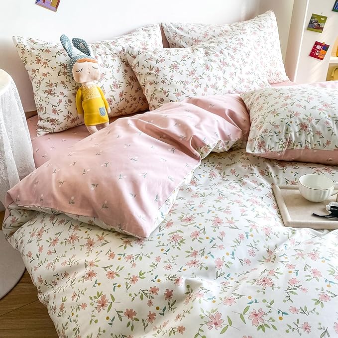HighBuy Soft Cotton Floral Duvet Cover Twin White with Pink Floral Print,Garden Style Coquette Bedding Comforter Cover Bedding Set,Cottagecore Duvet Cover Set -1 Twin Duvet Cover,2 Pillowcases