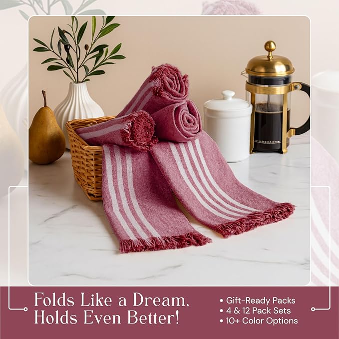 Stripe Kitchen Towels 12 Pack, 16x26 Inches, Assorted Colors Dish Cloths for Cooking and Drying, Reusable Wipe Rags, Absorbent and Washable Towels - Brown, Forest Green, Burgundy Wine