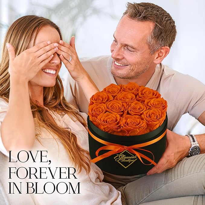 GLAMOUR BOUTIQUE Flowers Forever Gift Box 12 Real Preserved Roses in a Velvet Black Box, Birthday Rose Gift for Wife Mom and Her, Mothers Day, Anniversary, Graduation - Orange