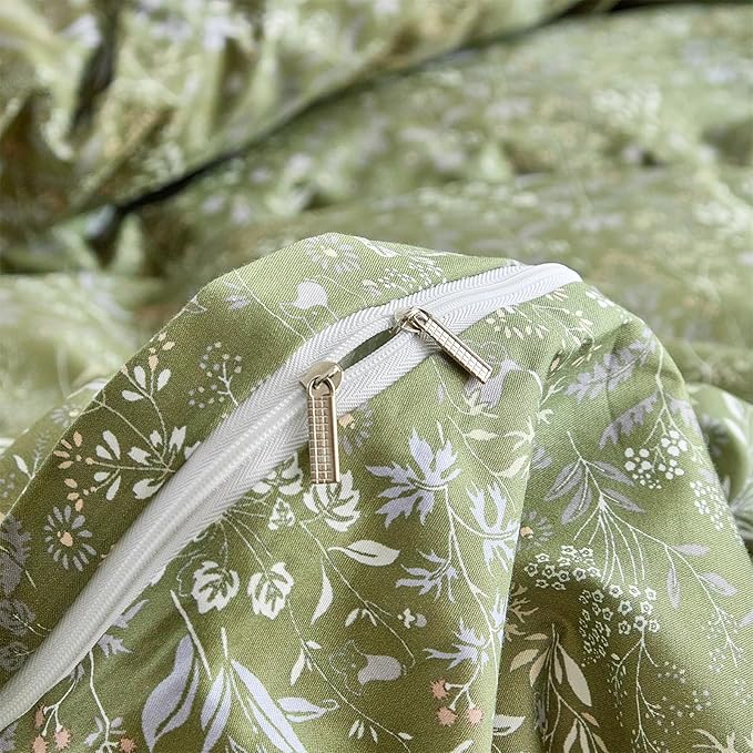mixinni 3 Pieces Duvet Covers King Size, 100% Cotton Comforter Cover Wildflower Printed on Army Green Floral Bedding Set with Zipper Closure 4 Ties (1 Duvet Cover 104"x90", 2 Pillow Cases 20"x36")
