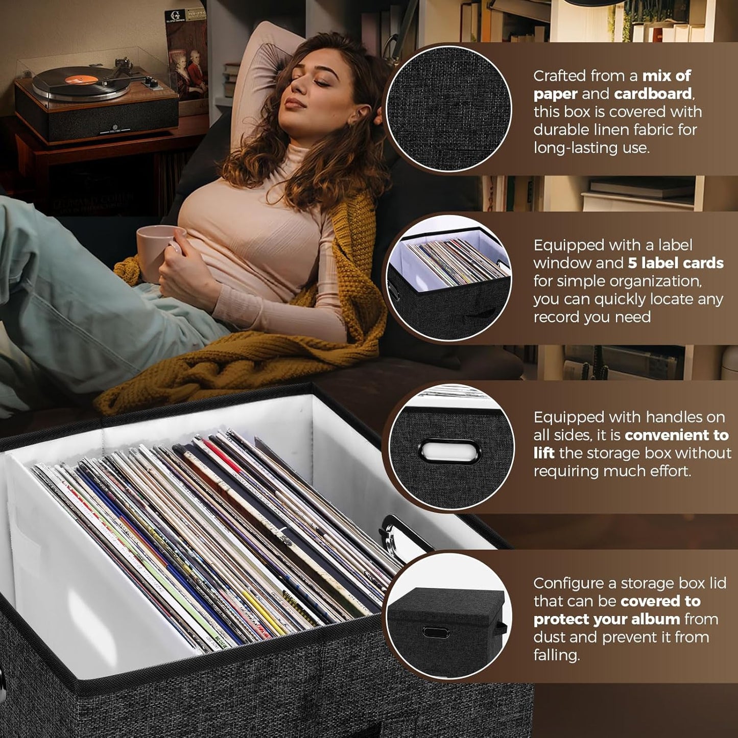 Skiennix Vinyl Record Storage Box - Holds 50+ LPs, Decorative Organizer with Lid | Black