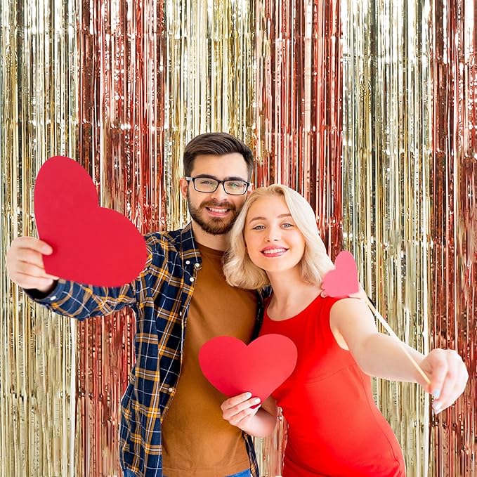 TONIFUL Valentine's Day Door Streamers,Rose Gold and Light Gold Photo Booth Backdrop Metallic Streamers Foil Fringe Curtain for Birthday Bridal Shower Engagement Party Decoration