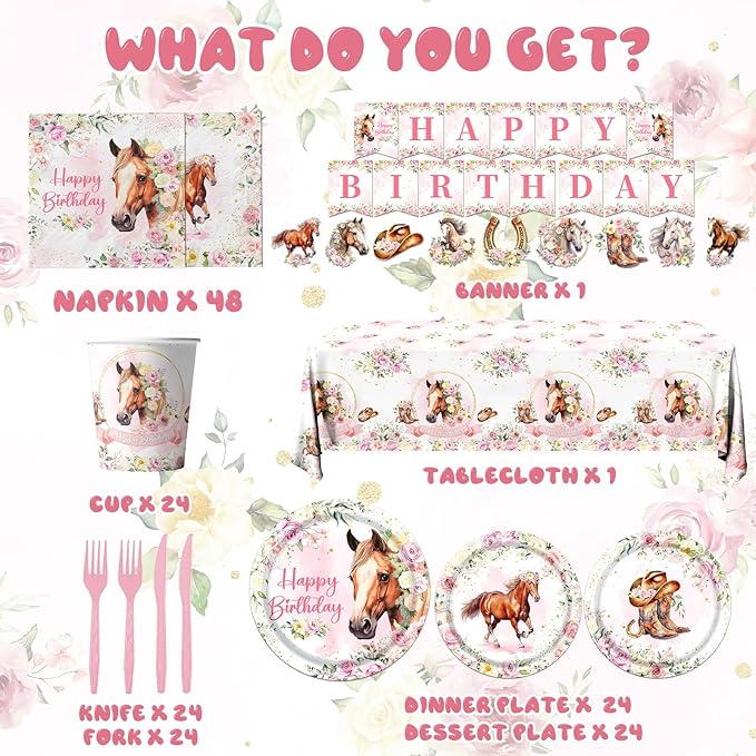 Horse Birthday Decorations Tableware,171PCS Cowgirl Floral Themed Birthday Tea Party Supplies,Flower paper plates,Horse napkins,Forks,Horse Table Cloth,for Girls Rodeo,Bachelorette Fairy Parties