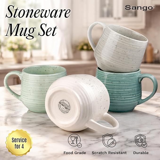 Sango Siterra Artist's Blend 17 oz. Stoneware Mug Set- Service for 4, Rustic Design, Green/White/Beige, Scratch-Resistant, Microwave & Dishwasher Safe, for Everyday Dining & Entertainment