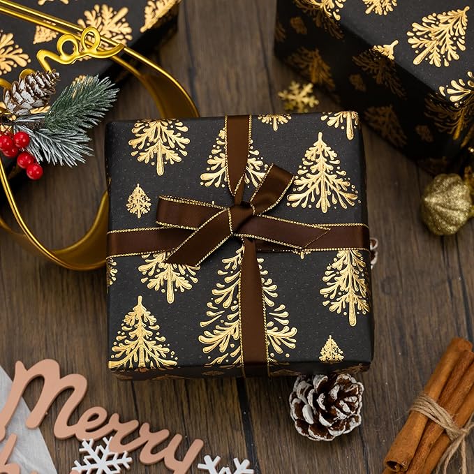 Flyhill Black Kraf Christmas Wrapping Paper,Gold 3D Embossed Foil Christmas Pine Tree with Woodlands Wrap Paper for Holiday, Party,Celebration, New Year (17 Inch X 32.8 Feet)