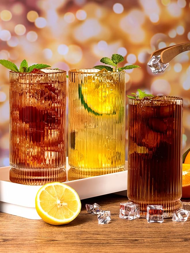16Oz Amber Ribbed Glassware Set Of 6 – Vintage Drinking Glasses And Ribbed Glass Cups, Amber Glassware Drinkware Set For Water, Juice, Cocktails, Iced Coffee, Smoothies, Beer, Home, Parties