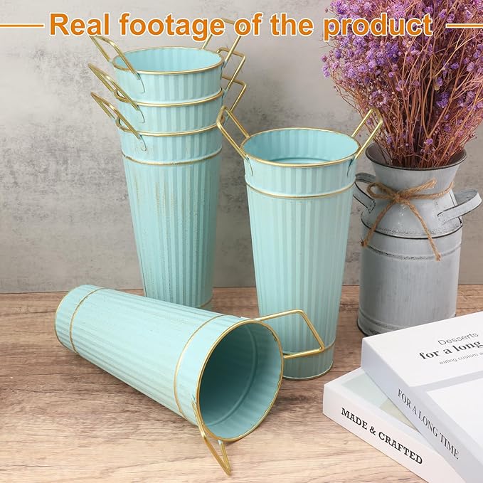 10 PCS 9 Inch Tall Galvanized Flower Buckets, Metal Flower Vase, Rustic Farmhouse French Flower Buckets with Handles for Wedding, Home Décor(Blue)