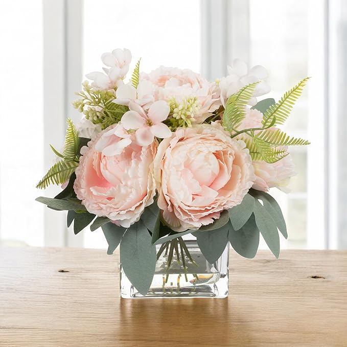 ENOVA FLORAL Artificial Flower Arrangement with Vase,Mixed Artificial Silk Peony Flower in Vase for Decoration Home Office, Wedding Centerpiece (Pink)