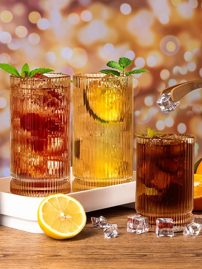 Ribbed Glassware Vintage Drinking Glasses 12Pcs Set （6 Highball Glasses 16Oz And 6 Rocks Glasses 13Oz） Amber Ribbed Glass Cups For Iced Coffee, Cocktails, Juice, Beer, Everyday Drinking
