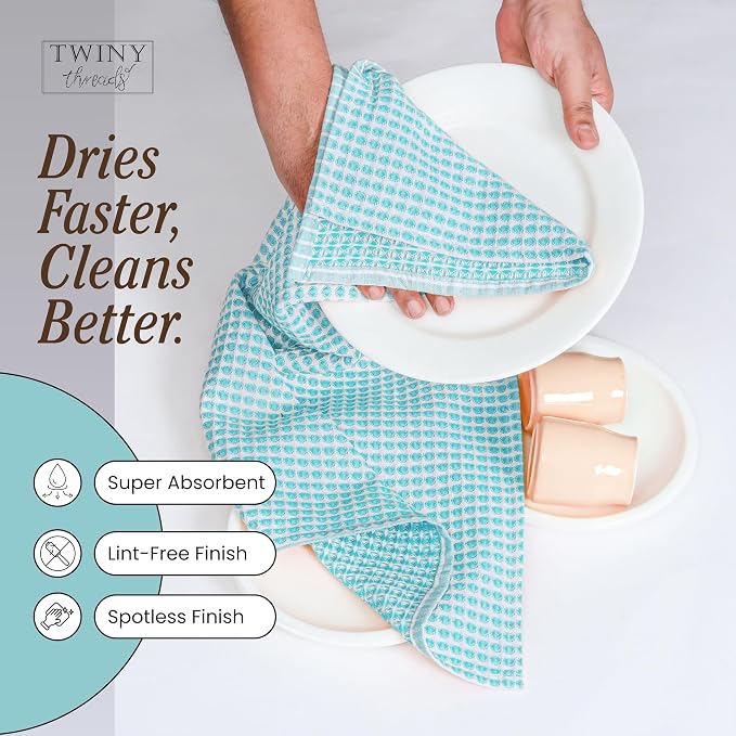 TWINY threads Circle Waffle Dish Towels 4 Pack, 16x26 Inches, 100% Cotton, Soft, Absorbent, Quick Dry, Everyday Wash Rags, Suitable for Glass Cleaning, Drying Dishes, Kitchen Essentials, Water Blue