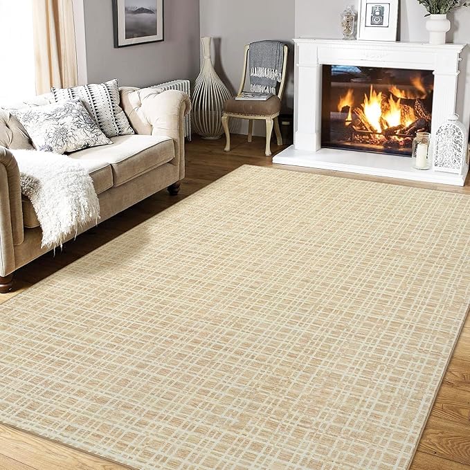 Washable Rugs 9 x 12 Rug for Living Room Modern Bedroom Rug Contemporary Large Area Rug Non Slip Throw Rugs Grid Farmhosue Stain Resistant Carpet for Office Dining Room 9'x12' Yellow
