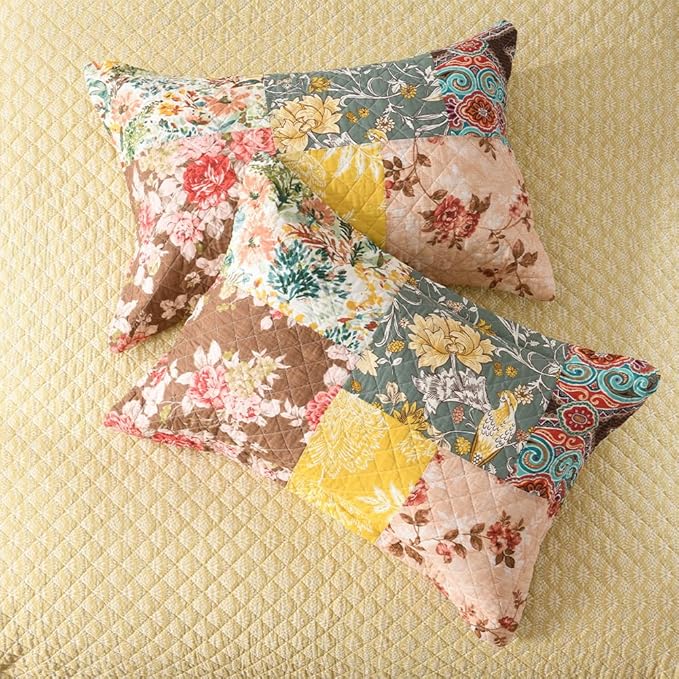 ENASAL Cotton Bedspread Quilt Sets Reversible Bedding Coverlet Sets Luxury Vintage Rustic Gorgeous Paisley Floral Yellow Real Patchwork Bedspread, Queen Size