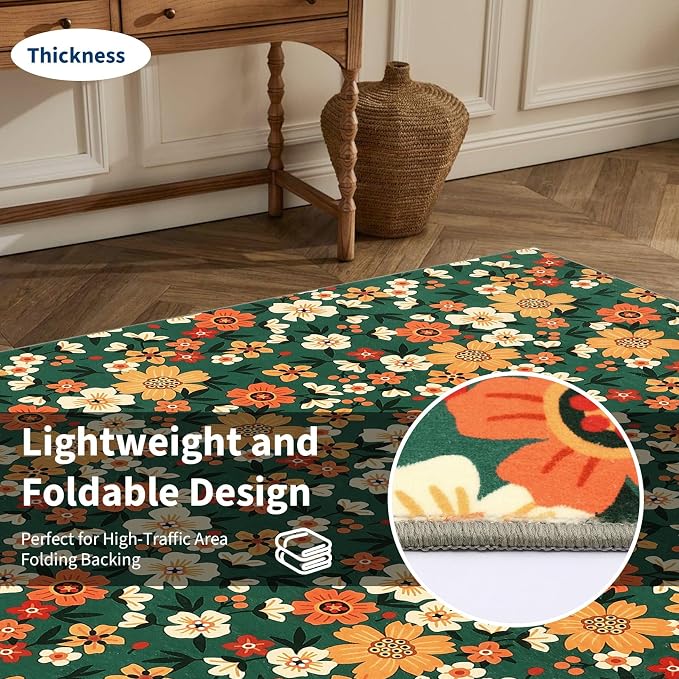 9x12 Area Rug Washable Modern Floral Rug for Living Room Low Pile Soft Bedroom Rugs Non Slip Modern Indoor Large Carpet Thin Foldable Floral Carpet for Nursery Dining Playroom, Green