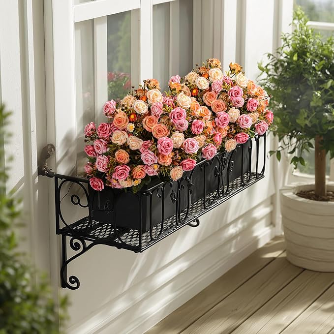 Artificial Rose Flowers for Outdoor 4 Bundles Rose Bouquet with Daisy Faux Flowers UV Resistant for Home Indoor Outside Garden Porch Window Box Balcony Yard Porch Fall Decor (Pink+Orange)