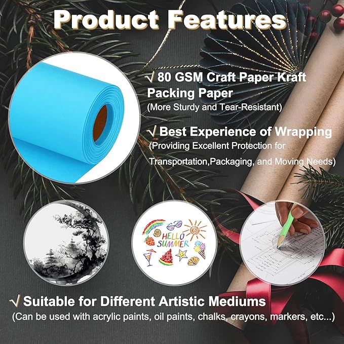 PATIKIL Wrapping Paper, 12"x600"(50') Bulletin Board Paper Roll Kraft Paper Roll Construction 80GSM for Shipping Packing Gift Wrapping Craft Flower Bouquet Christmas, Light Blue