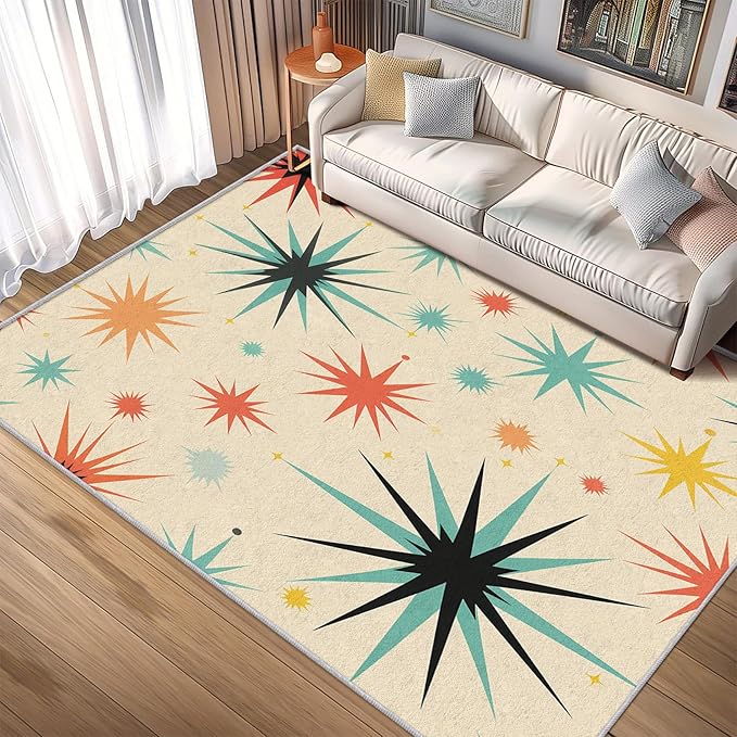 Retro Atomic Rug 7x8, Washable Mid Century Modern Rugs for Living Room Bedroom, Contemporary Geometric Area Rug for Home Decor, Non Slip Backing Floor Carpet with Gripper - 7 x 8 ft