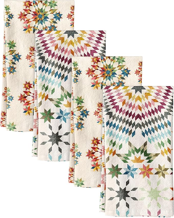 Miss Adola 4pcs Flour Sack Kitchen Towels - 16x26 Inch Cotton Dish Towels Set of 4 with Hanging Loop Reusable Geometric Boho Modern Retro Tea Towel Absorbent Dishcloths Home Decor, Starburst Design
