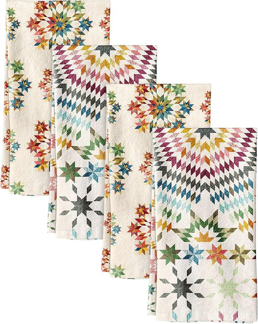 Miss Adola 4pcs Flour Sack Kitchen Towels - 16x26 Inch Cotton Dish Towels Set of 4 with Hanging Loop Reusable Geometric Boho Modern Retro Tea Towel Absorbent Dishcloths Home Decor, Starburst Design