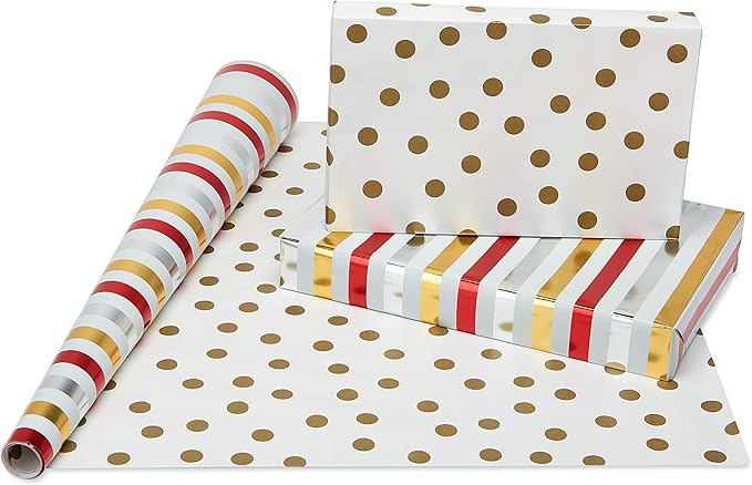 American Greetings Wrapping Paper Rolls for Christmas or Any Occasion, Metallic Gold and Red Holiday Gift Wrap (120 sq. ft., 4 Rolls-30 in. x 12 ft., Reversible) Stripes, Polka Dots, Zig Zags