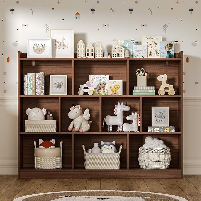 Brown Bookshelf, Wood Bookcase with 3 Tier Open Shelves, 10-Cube Minimalist Storage Shelf for Living Room, Bedroom, 43.3" W x 35.4" H