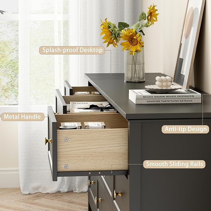 Black 9 Drawers Dresser for Bedroom, 59'' Large Wood Dresser with Gold Handles, Modern Wide Chest of Storage Drawers for Hallway, Living Room