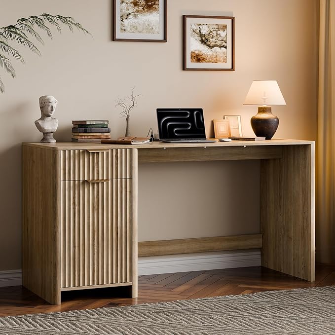 60" Fluted Home Office Desks with Storage, Modern Executive Desk Computer Desk with Drawer & Cabinet, Wood Work Desk for Office, Bedroom, Study, Living Room, Oak